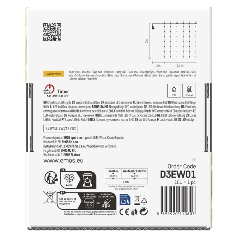 Dekoracje - 240 LED drop kurtyna 1,7x2m ciepła biel, 8 programów, IP44