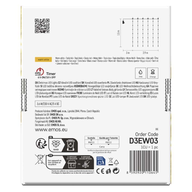 LED karácsonyi drop fényfüzér – fényfüggöny, 2,9x1,5 m, kültéri és beltéri, meleg fehér