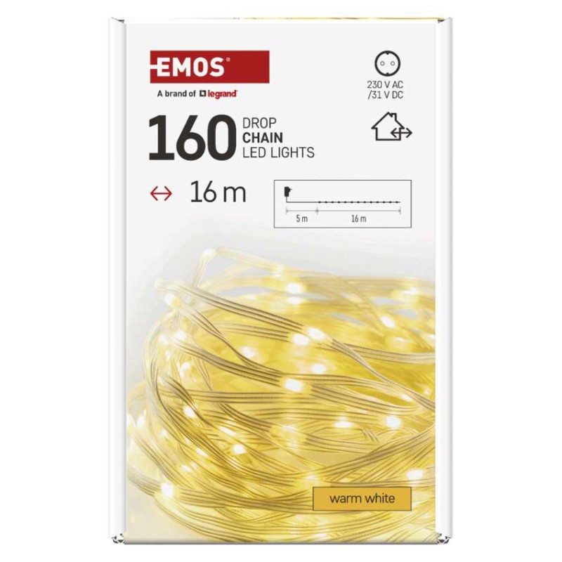 LED karácsonyi drop fényfüzér, 16 m, kültéri és beltéri, meleg fehér, időzítő