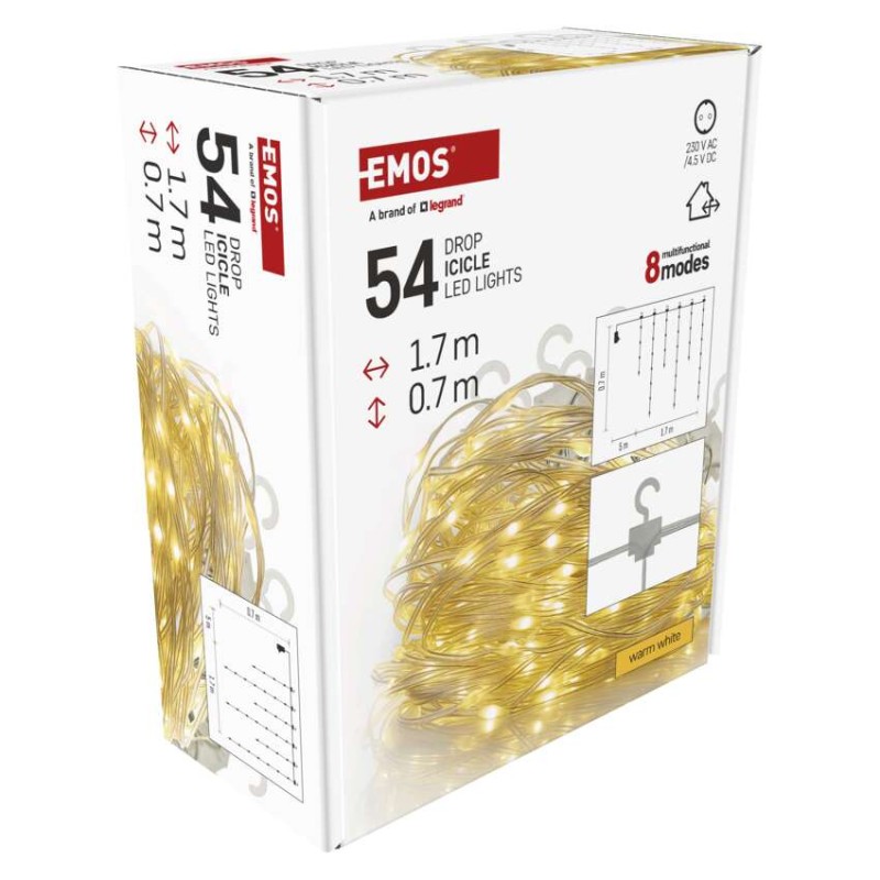 LED vianočná drop reťaz – cencúle, 1,7 m, vonkajšia aj vnútorná, teplá biela, programy
