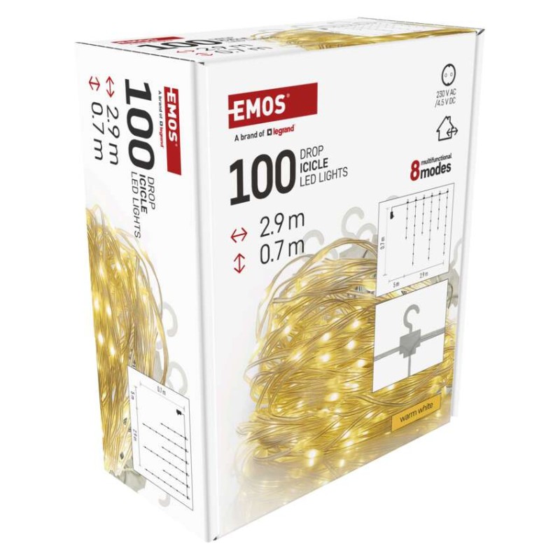 LED Weihnachtliche Drop-Kette – Eiszapfen, 2,9 m, Außen und Innen, warm-weiß, Programme