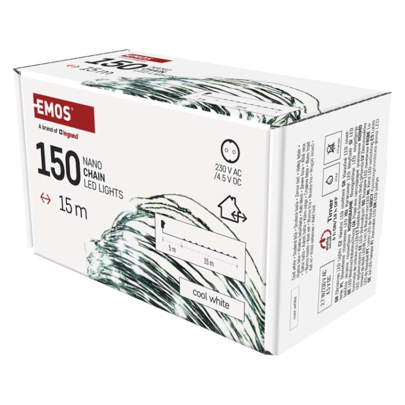 Dekoracje- 150 LED nano łezki 15m zimna biel, zielony przewód, IP44 timer