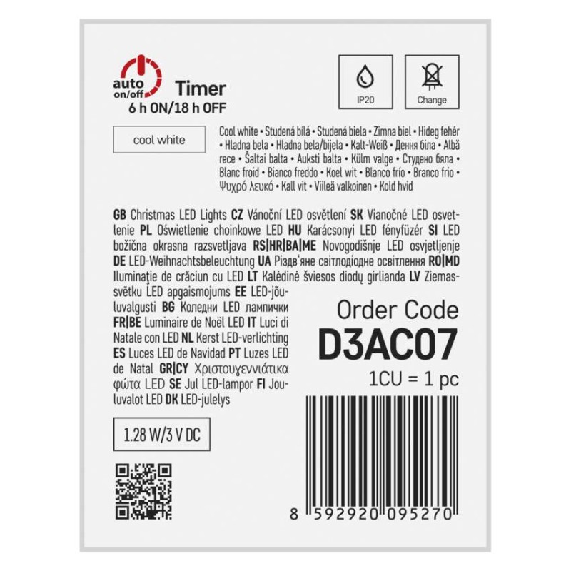 LED Weihnachtliche Nano-Kette, 1,9 m, 2x AA, Innen, Kaltweiß, Timer