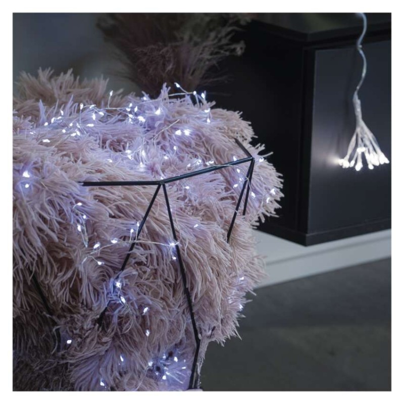 Dekoracje - 100LED small nano łezki, jeżyk, 2,4m 3xAA zimna biel, sreb przew, IP20, timer