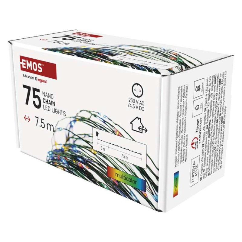 LED Ziemassvētku nano virtene, zaļa, 7,5 m, liet. ārā un iekšt., daudzkrās., ar taimeru