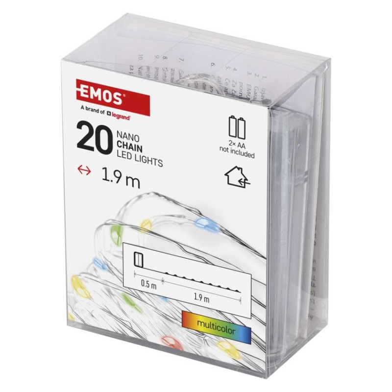 LED Ziemassvētku nano virtene, sudr., 1,9 m, 2x AA, liet. iekšt., daudzkrās., ar taimeru