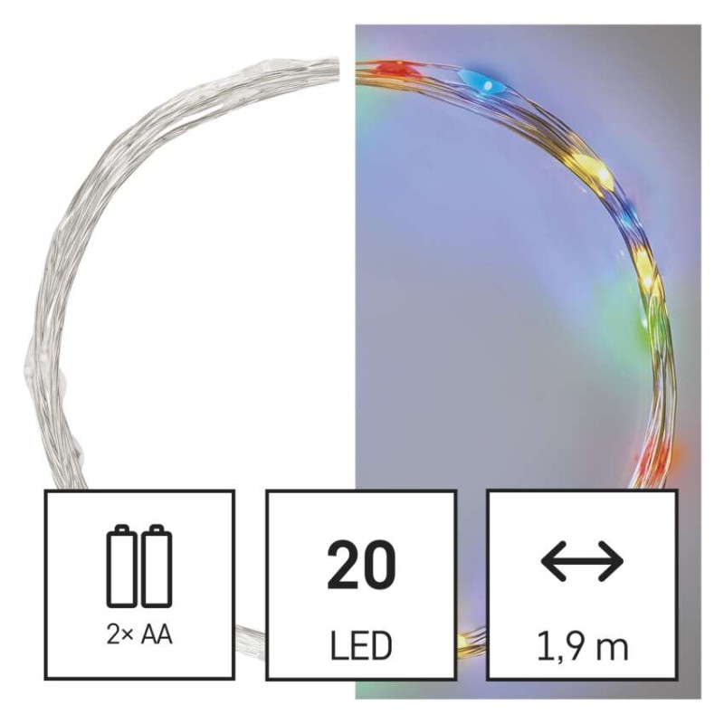 LED Ziemassvētku nano virtene, sudr., 1,9 m, 2x AA, liet. iekšt., daudzkrās., ar taimeru
