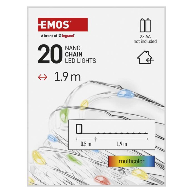 LED Ziemassvētku nano virtene, sudr., 1,9 m, 2x AA, liet. iekšt., daudzkrās., ar taimeru