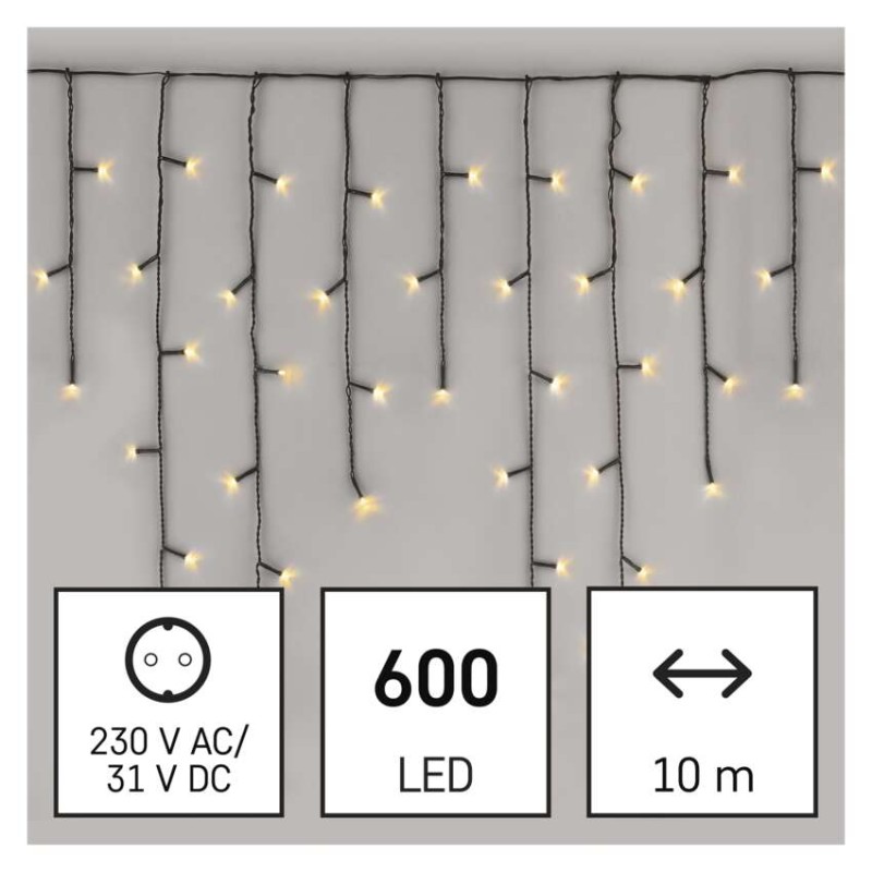 LED vianočné cencúle, 10 m, vonkajšie aj vnútorné, teplá biela, programy