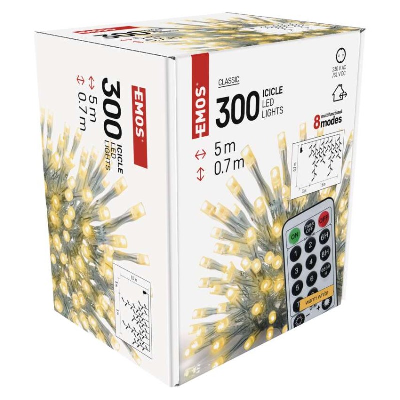 Oświetlenie świątecz. sople 300LED 5m ciepła biel, przeź. przew.,8 programów, timer, pilot