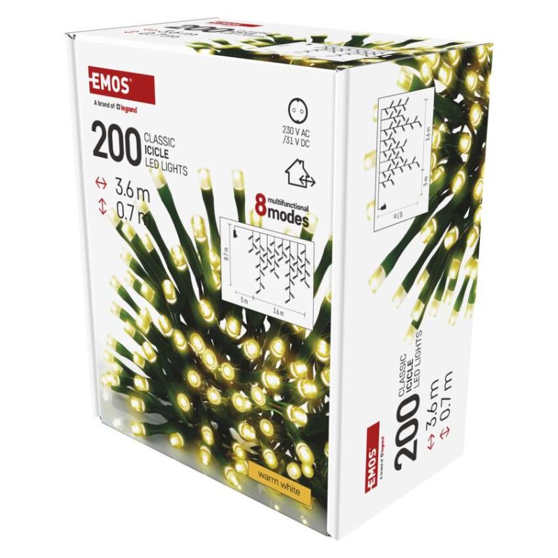 Oświetlenie świąteczne sople 200 LED 3,6m, ciepła biel, zielony przew., 8 programów