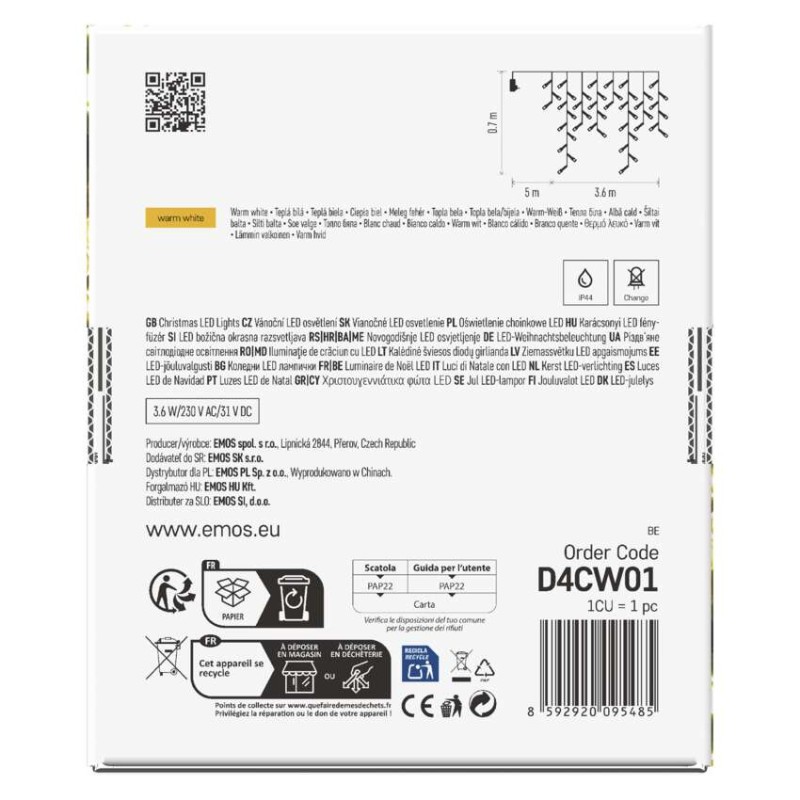 Oświetlenie świąteczne sople 200 LED 3,6m, ciepła biel, zielony przew., 8 programów