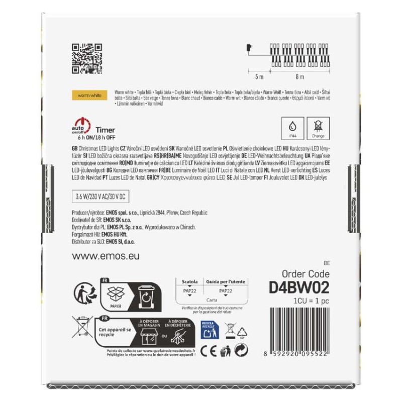 Lampki choinkowe LED Classic Cluster, jeżyk, 400 LED 8m, ciepła biel, czarny, IP44, timer