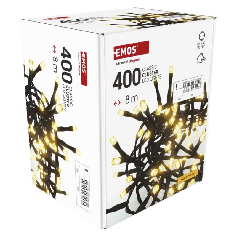 Lampki choinkowe LED Classic Cluster, jeżyk, 400 LED 8m, ciepła biel, czarny, IP44, timer