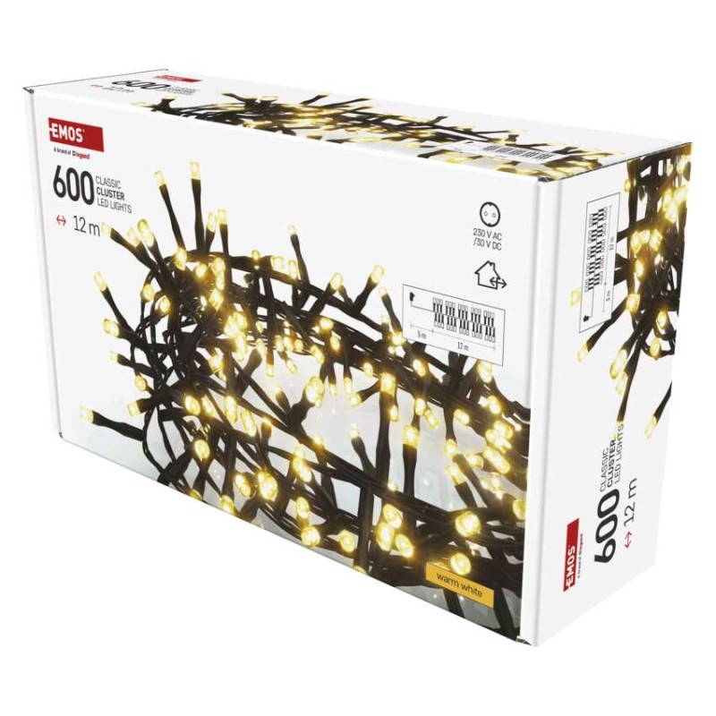 Lampki choinkowe LED Classic Cluster, jeżyk, 600LED 12m, ciepła biel, czarny, IP44, timer