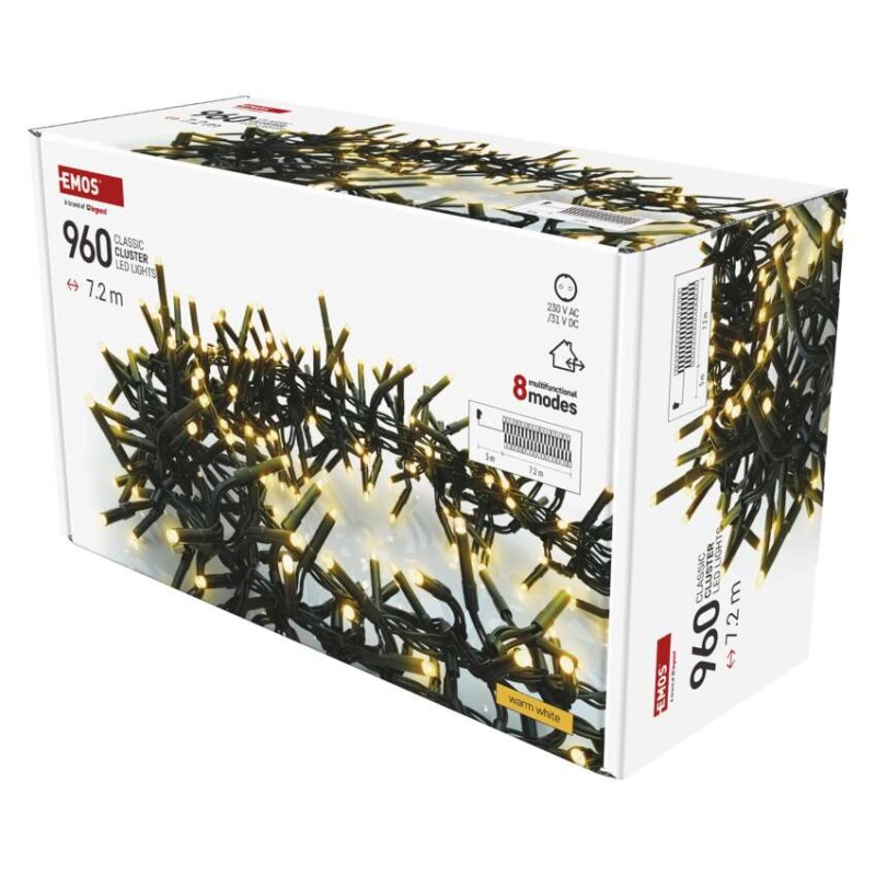 Lampki choinkowe LED Cluster, jeżyk, 960LED 7,2m, ciepła biel, 64 programów, IP44 timer