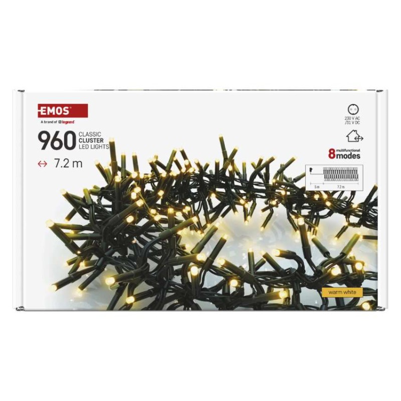 Lampki choinkowe LED Cluster, jeżyk, 960LED 7,2m, ciepła biel, 64 programów, IP44 timer