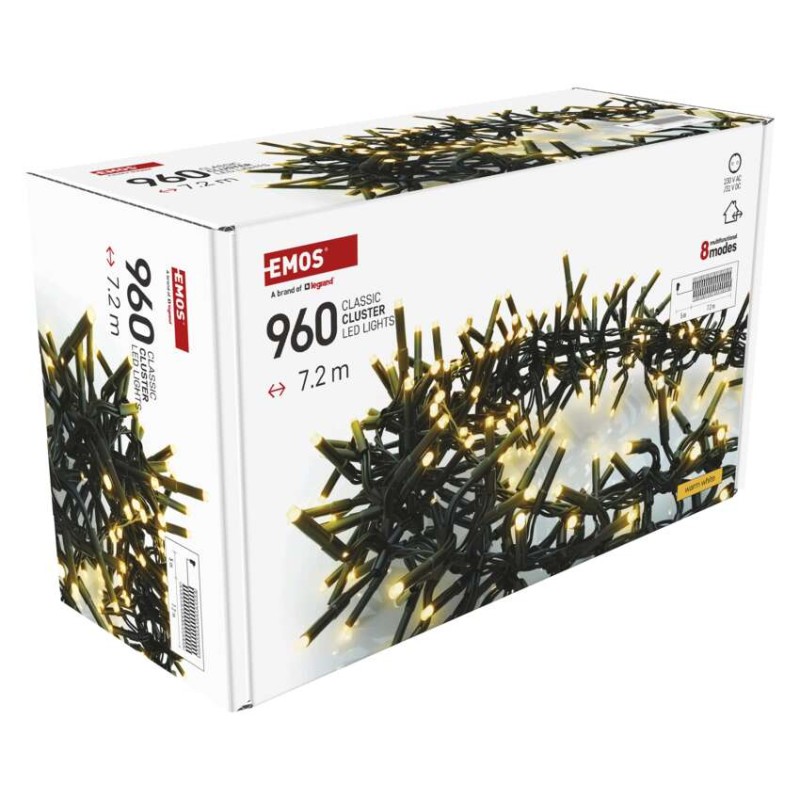 Lampki choinkowe LED Cluster, jeżyk, 960LED 7,2m, ciepła biel, 64 programów, IP44 timer
