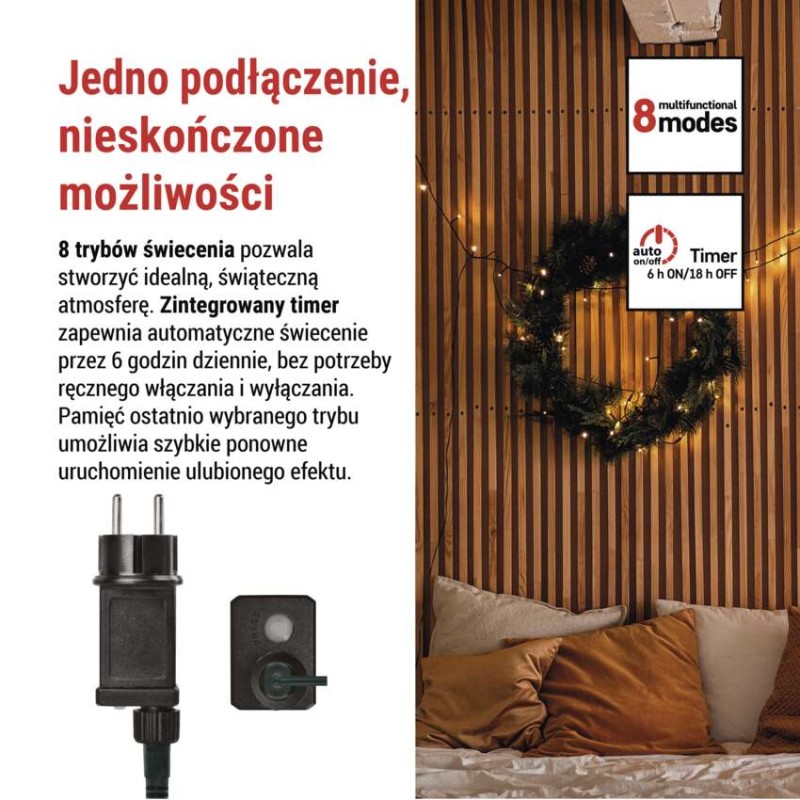 Lampki choinkowe Classic 40 LED 4m ciepła biel, zielony przewód, IP44, 8 programów, timer