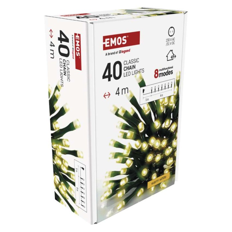 LED jõuluvalguskett, 4 m, õue/tuppa, soe valge, 8 režiimi, ajasti