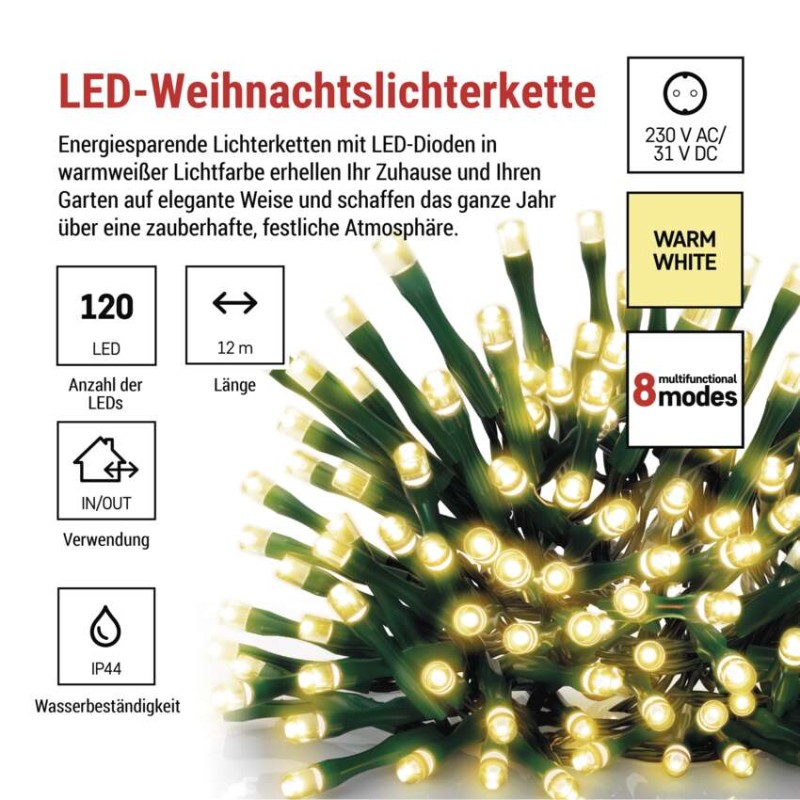 LED Weihnachtliche Lichterkette, 12 m, Außen/Innen, warmweiß, Programme, Timer