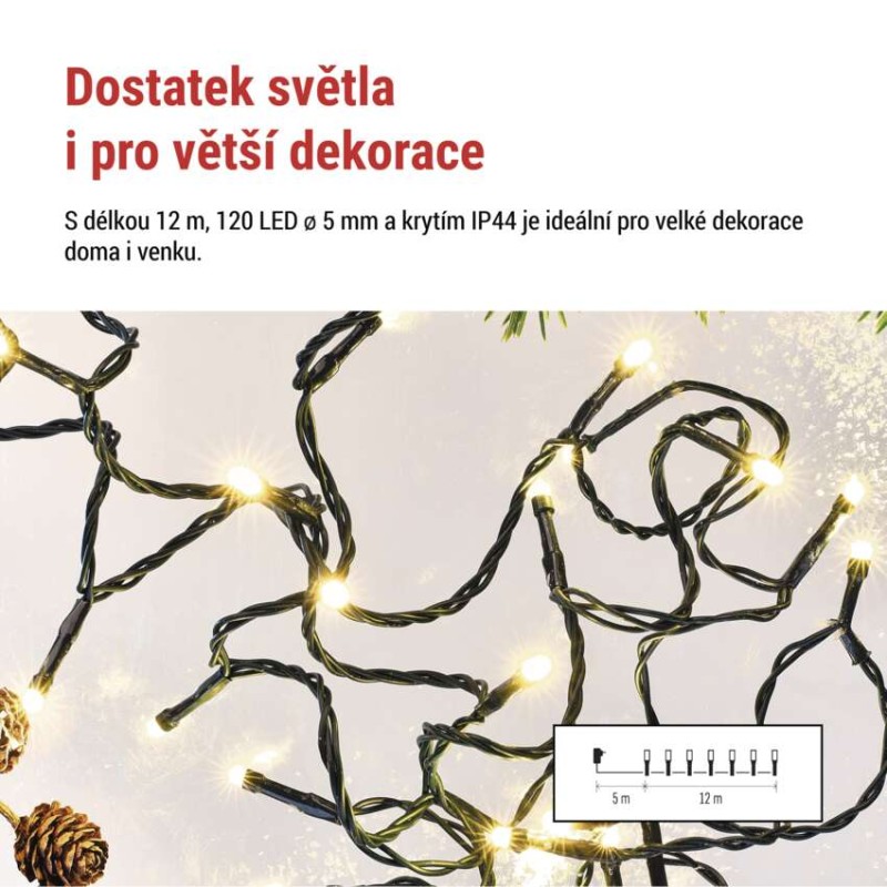 LED vánoční řetěz, 12 m, venkovní i vnitřní, teplá bílá, programy, časovač