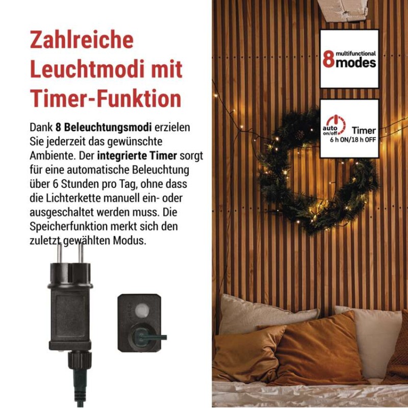 LED Weihnachtliche Lichterkette, 12 m, Außen/Innen, warmweiß, Programme, Timer