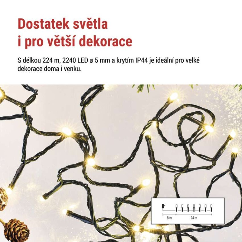 LED vánoční řetěz, 24 m, venkovní i vnitřní, teplá bílá, programy, časovač
