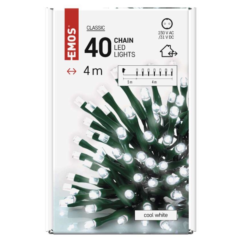 LED vánoční řetěz, 4 m, venkovní i vnitřní, studená bílá, časovač