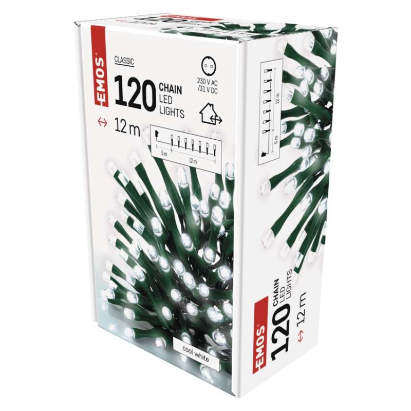 LED Ziemassvētku virtene, 12 m, lietošanai ārā un iekštelpās, auksti balta, ar taimeru