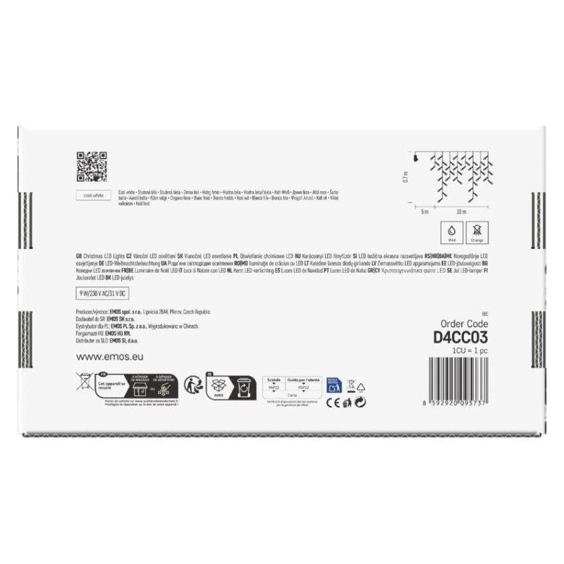 LED vianočné cencúle, 10 m, vonkajšie aj vnútorné, studená biela, programy