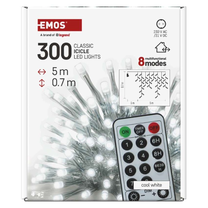 LED karácsonyi jégcsapok, 5 m, kültéri és beltéri, hideg fehér, távirányító, progr, időz.