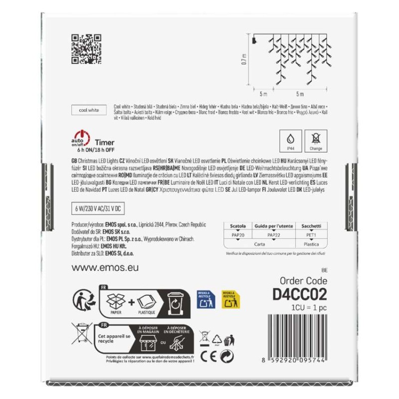 LED karácsonyi jégcsapok, 5 m, kültéri és beltéri, hideg fehér, távirányító, progr, időz.