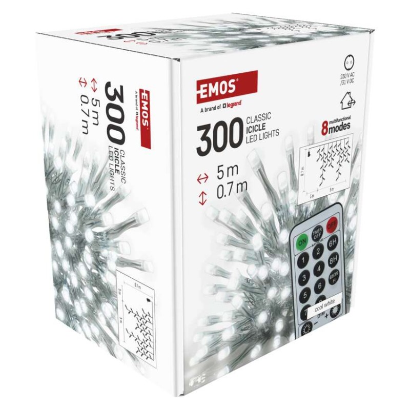 LED karácsonyi jégcsapok, 5 m, kültéri és beltéri, hideg fehér, távirányító, progr, időz.