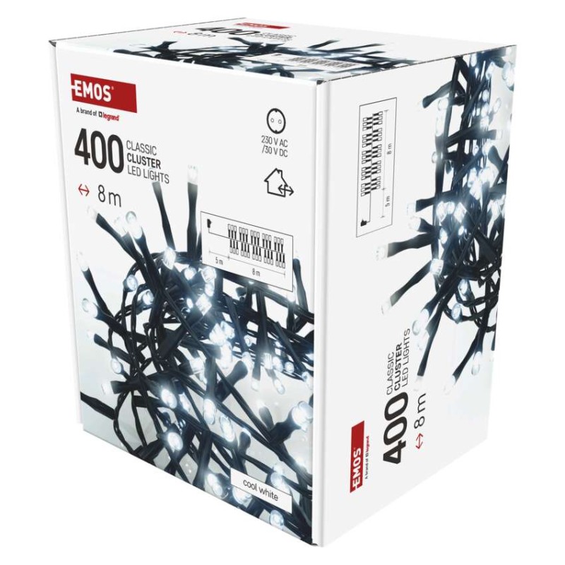 Lampki choinkowe LED Classic Cluster, jeżyk, 400 LED 8m, zimna biel, czarny, IP44, timer