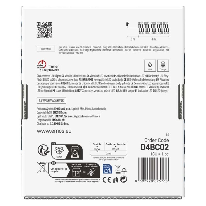 Lampki choinkowe LED Classic Cluster, jeżyk, 400 LED 8m, zimna biel, czarny, IP44, timer