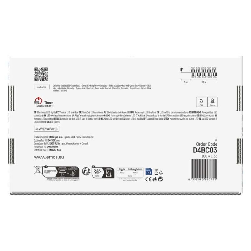 LED Ziemassvētku virtene – ezis, 12 m, liet. ārā un iekštelpās, auksti balta, ar taimeru