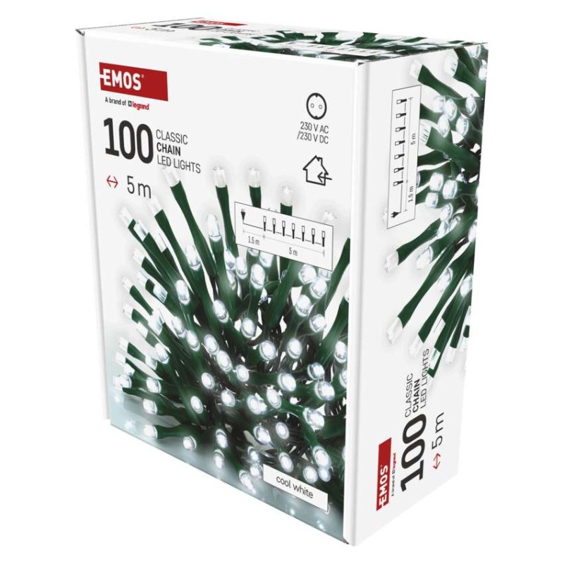 Lampki choinkowe Classic 100 LED 5m zimna biel, zielony przewód, IP20