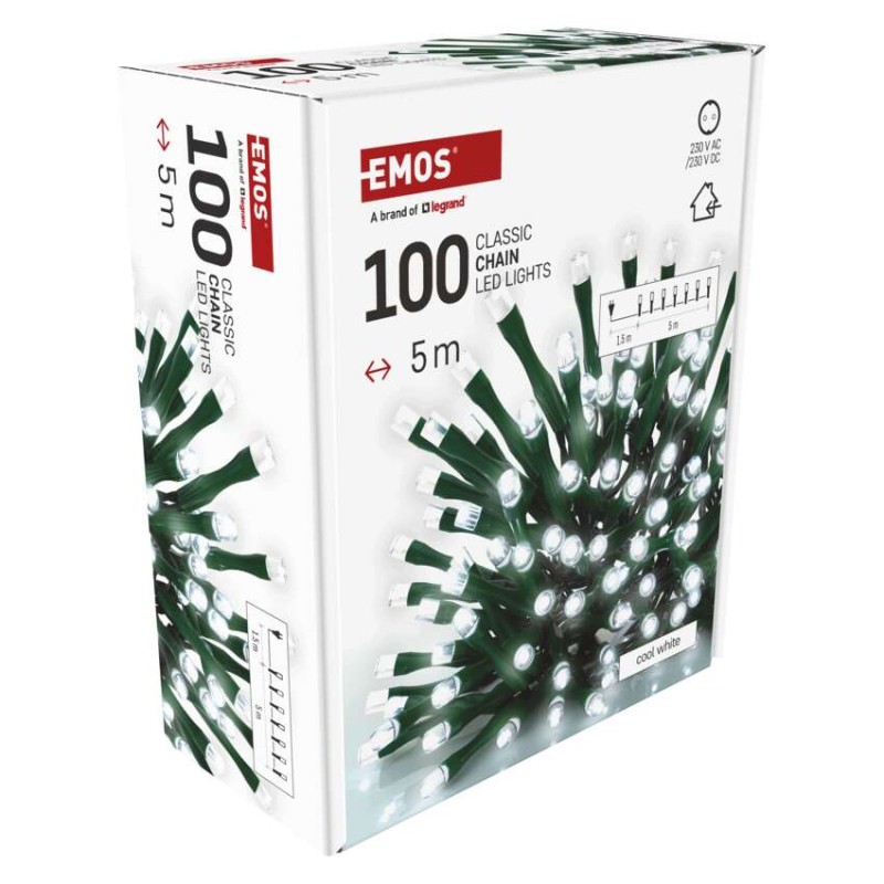 Lampki choinkowe Classic 100 LED 5m zimna biel, zielony przewód, IP20