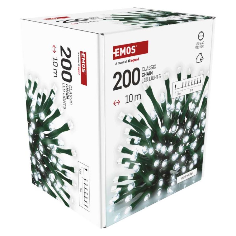 Lampki choinkowe Classic 200 LED 10m zimna biel, zielony przewód, IP20