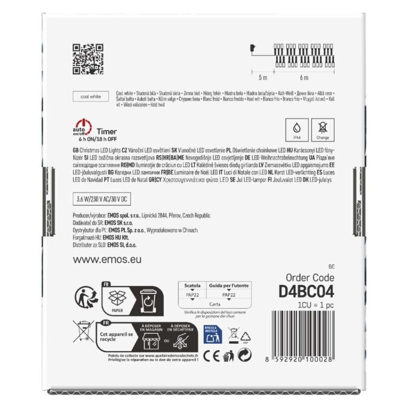 Lampki choinkowe LED Classic Cluster, jeżyk, 300 LED 6m, zimna biel, czarny, IP44, timer