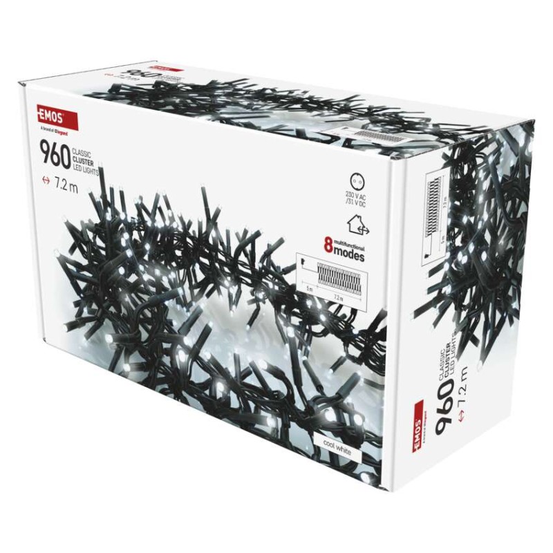 Lampki choinkowe LED Cluster, jeżyk, 960LED 7,2m, zimna biel, 64 programów, timer