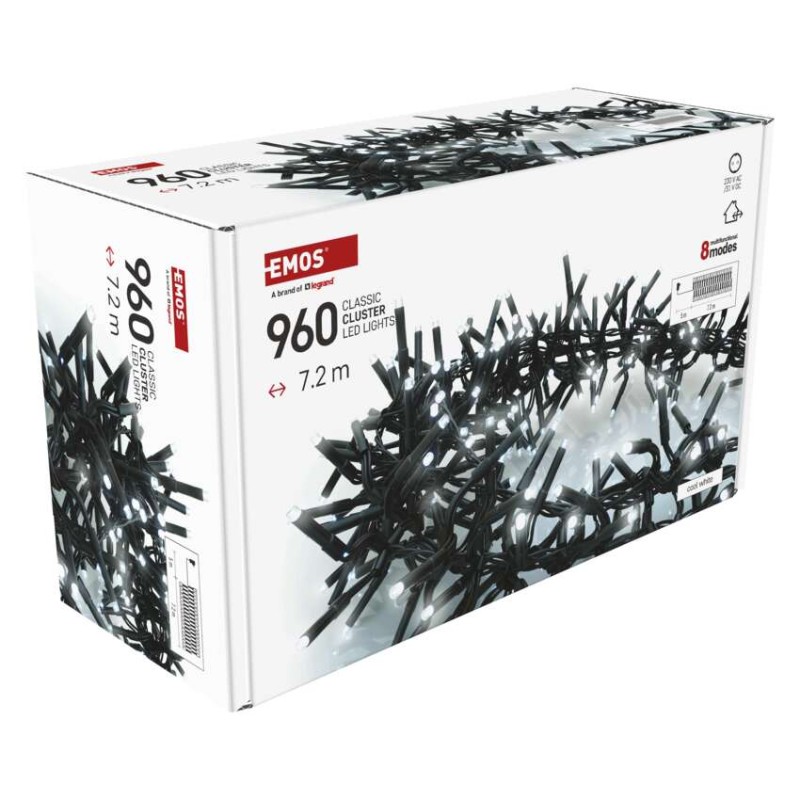 Lampki choinkowe LED Cluster, jeżyk, 960LED 7,2m, zimna biel, 64 programów, timer