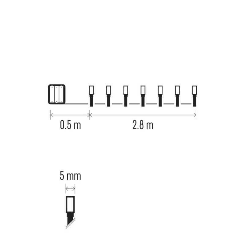 LED vánoční řetěz, 2,8 m, 3x AA, venkovní i vnitřní, studená bílá, časovač