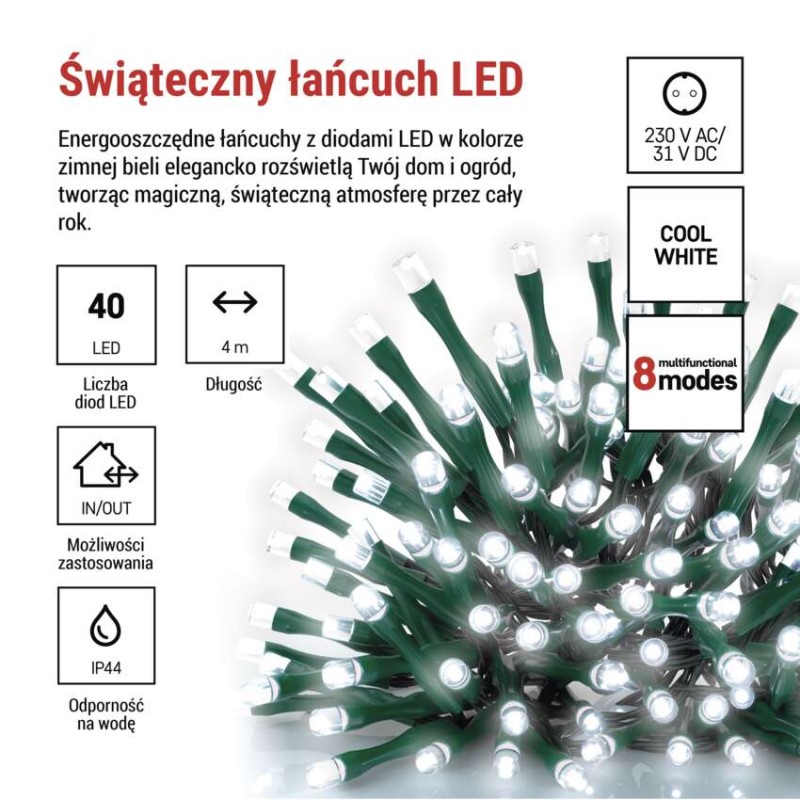 Lampki choinkowe Classic 40 LED 4m zimna biel, zielony przewód, IP44, 8 programów, timer