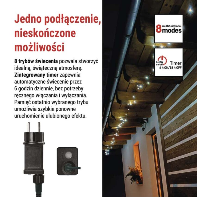 Lampki choinkowe Classic 40 LED 4m zimna biel, zielony przewód, IP44, 8 programów, timer