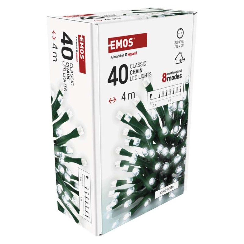 LED karácsonyi fényfüzér, 4 m, kültéri és beltéri, hideg fehér, progr, időz.