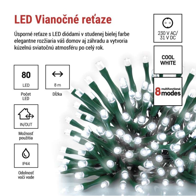 LED vianočná reťaz, 8 m, vonkajšia aj vnútorná, studená biela, programy, časovač