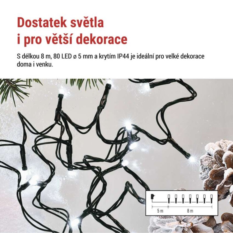 LED vánoční řetěz, 8 m, venkovní i vnitřní, studená bílá, programy, časovač