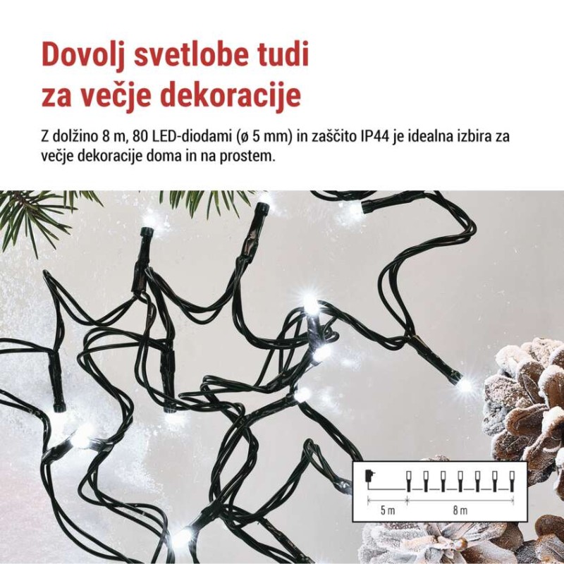 LED božična veriga, 8 m, zunanja in notranja, hladna bela, programi, časovnik